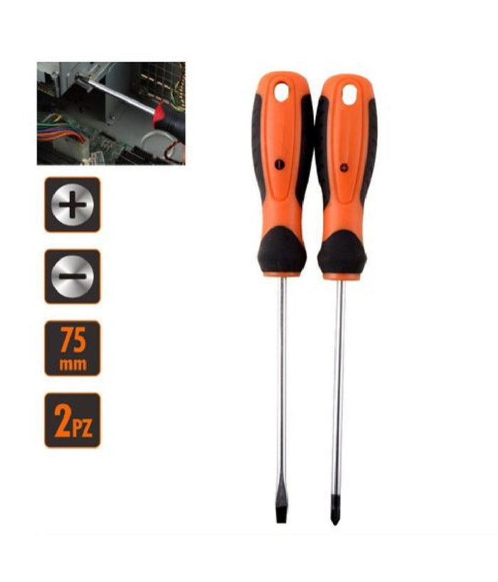 Set 2 Pz Cacciavite Giraviti Con Punta Magnetica A Taglio E A Croce 75 Mm 97177         