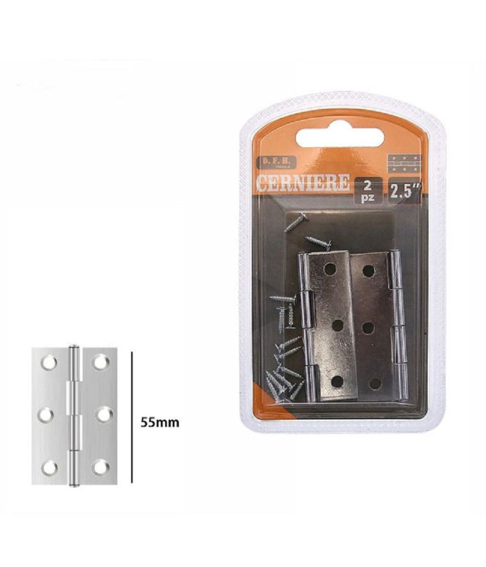 Set 2 Pz Cerniere Per Porte Mobili Armadi Sportelli Ante 55 Mm Silver Viti 69033         