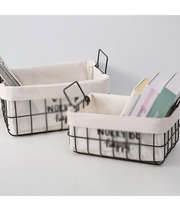 Set 2 Pz Cestini In Metallo Con Rivestimento Tessuto Porta Oggetti Manici 10628         