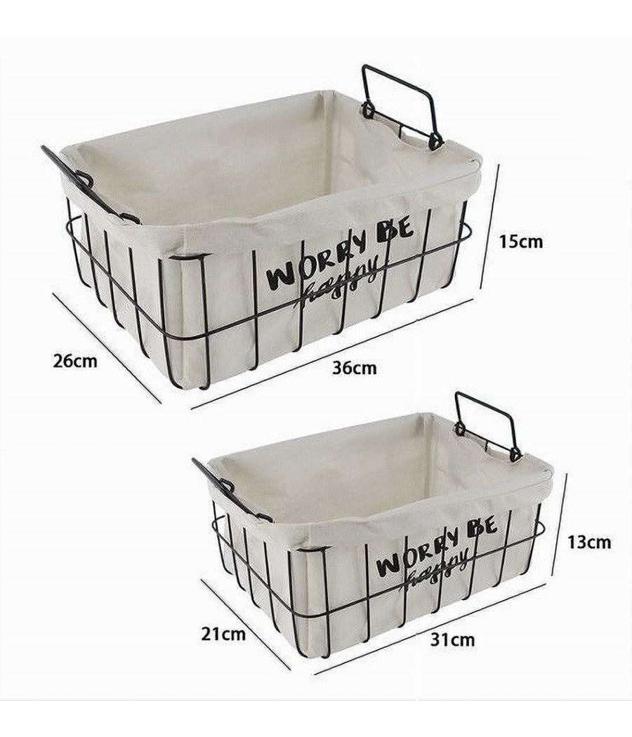 Set 2 Pz Cestini In Metallo Con Rivestimento Tessuto Porta Oggetti Manici 10628         