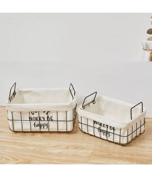 Set 2 Pz Cestini In Metallo Con Rivestimento Tessuto Porta Oggetti Manici 10628         