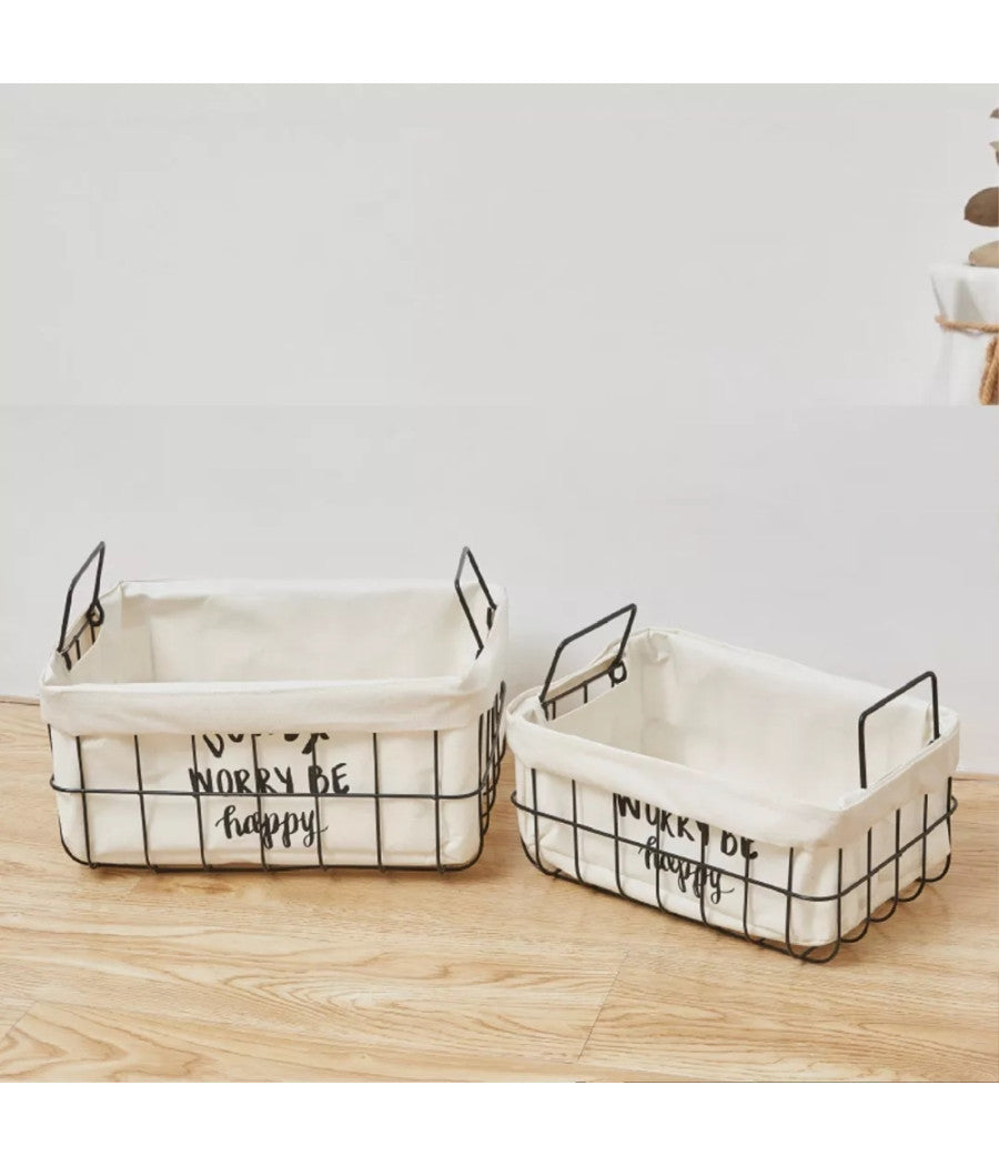 Set 2 Pz Cestini In Metallo Con Rivestimento Tessuto Porta Oggetti Manici 10628         