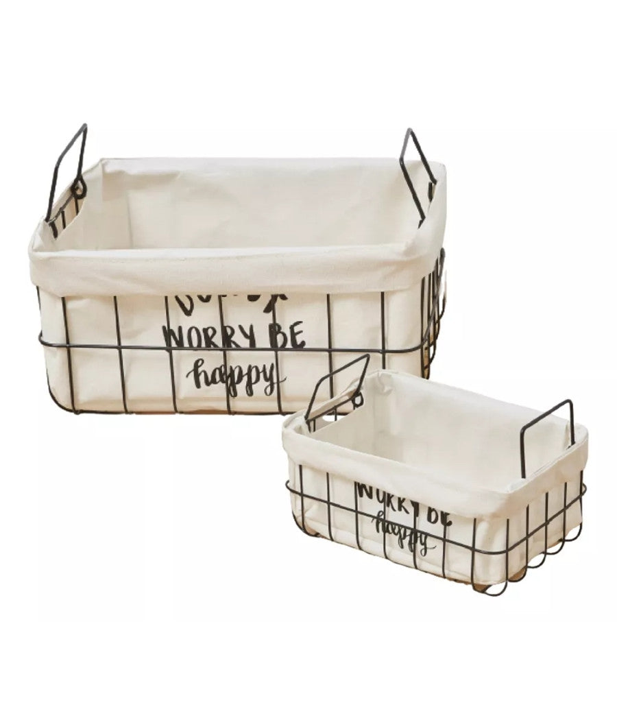 Set 2 Pz Cestini In Metallo Con Rivestimento Tessuto Porta Oggetti Manici 10628         