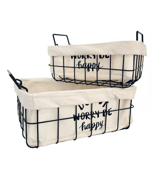 Set 2 Pz Cestini In Metallo Con Rivestimento Tessuto Porta Oggetti Manici 10628         