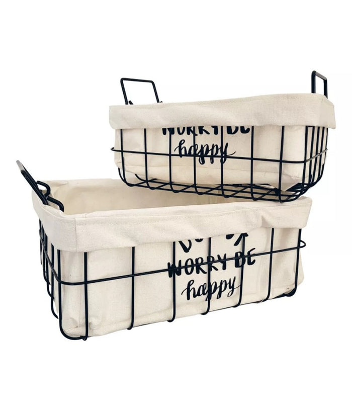 Set 2 Pz Cestini In Metallo Con Rivestimento Tessuto Porta Oggetti Manici 10628         