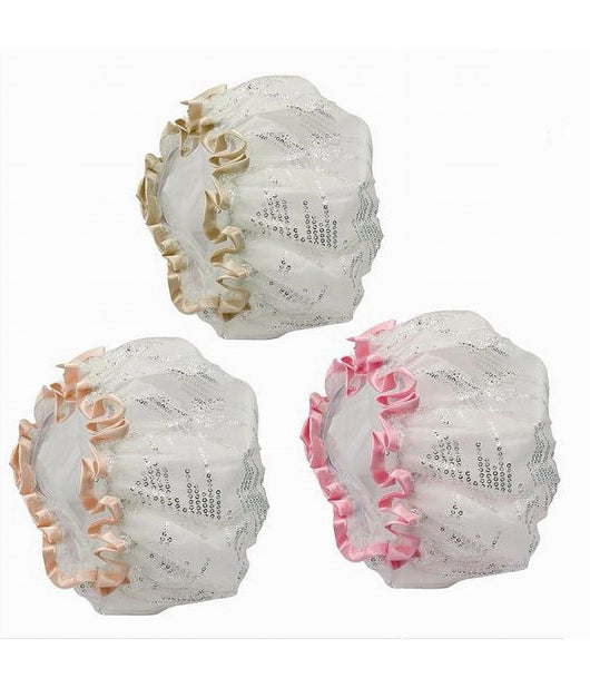 Set 2 Pz Cuffia Doccia Bagno Elastico Bordino Paillettes Protegge Capelli 79479         