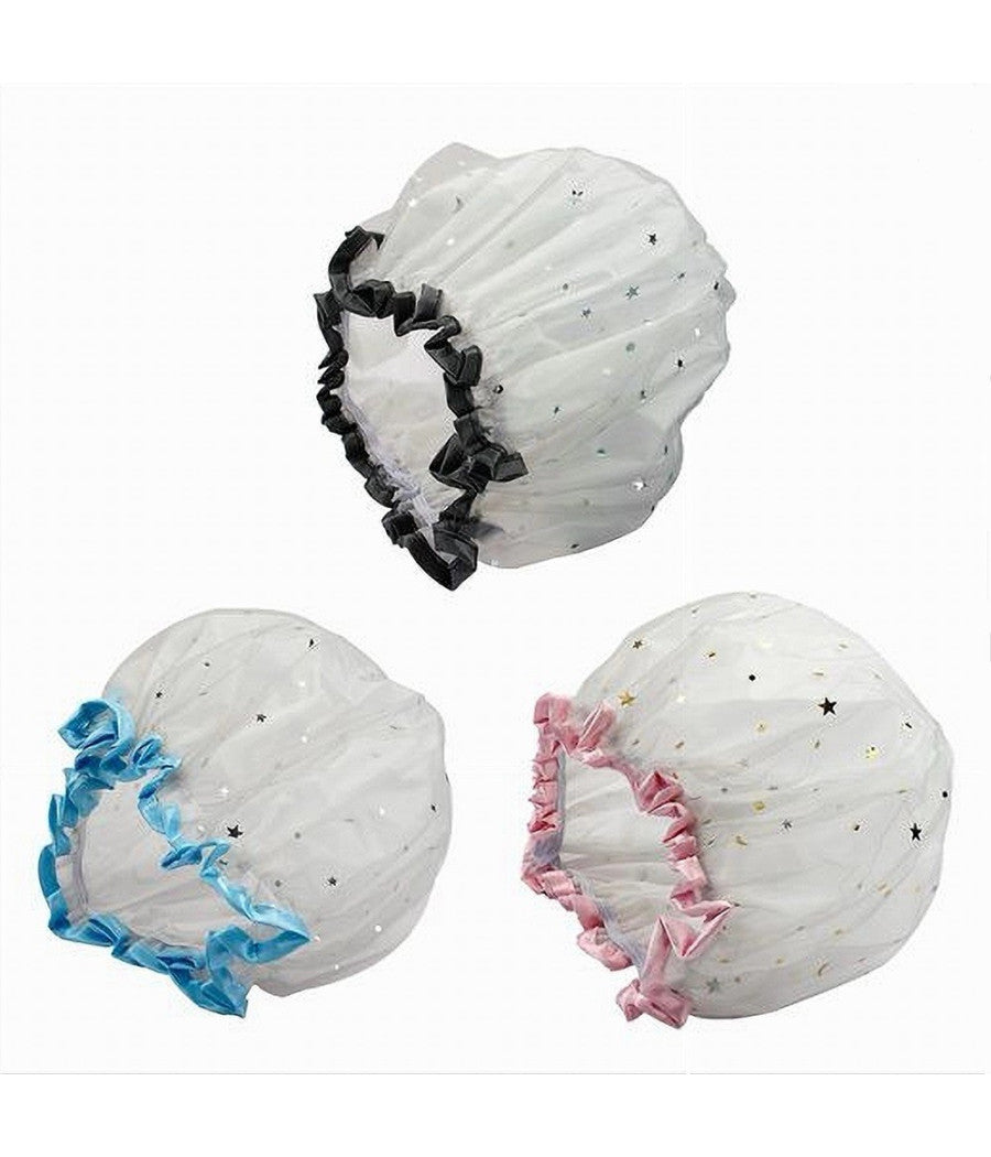 Set 2 Pz Cuffia Per Doccia Bagno Elastico Bordino Stelle Protegge Capelli 59708         