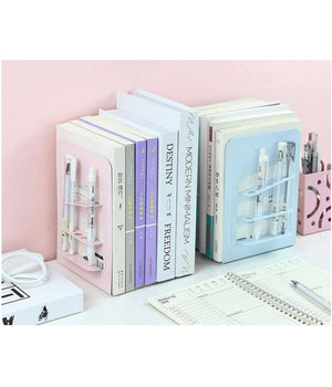 Set 2 Pz Fermalibri In Metallo Con Portapenne Regolabili Libri Supporto Libreria         