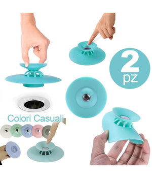 Set 2 Tappo Pop Up In Silicone 2in1 Per Lavello Lavandino Rete Cattura Capelli         