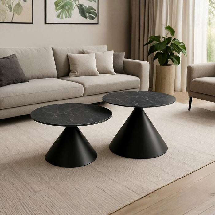 Set 2 tavolini da salotto rotondi Punto con piano effetto marmo nero e gambe in metallo nero