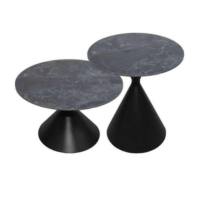 Set 2 tavolini da salotto rotondi Punto con piano effetto marmo nero e gambe in metallo nero