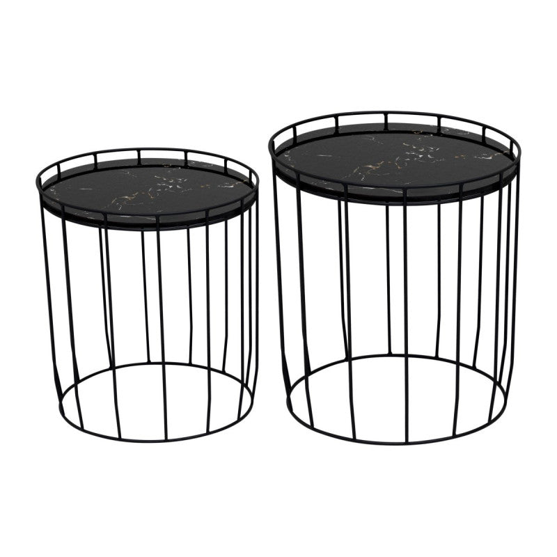 Set 2 Tavolini Effetto Marmo Roma Nero 40x43 35x39