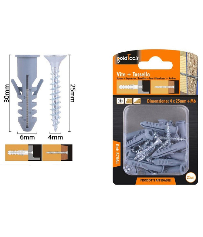Set 20 Pz Viti Vite Croce 4x25mm + Tasselli Con Alette Tassello M6 Fischer 57561         