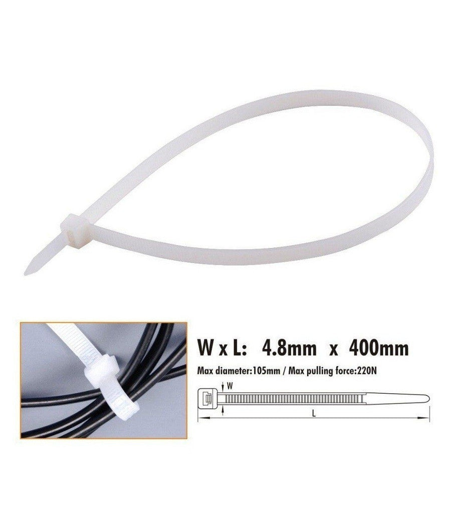 Set 20pz Fascette Cavi Cavo Bianco Stringenti In Plastica Nylon 4.8x400 Mm 92370         