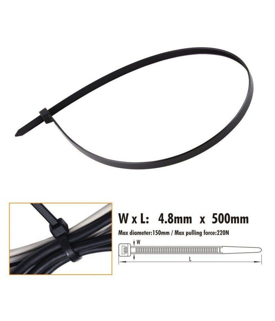 Set 20pz Fascette Cavi Cavo Nero Stringenti In Plastica Nylon 4.8 X 500 Mm 92387         