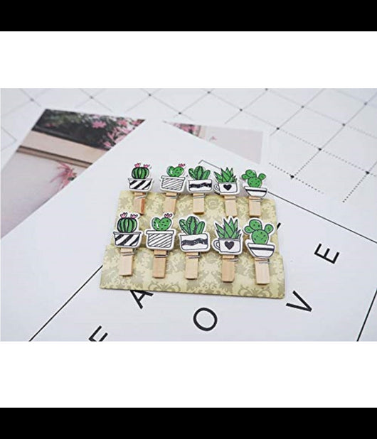 Set 20pz Mollettine Cactus Di Legno Mollete Clip Corda Juta Decorazione Appendere Foto         
