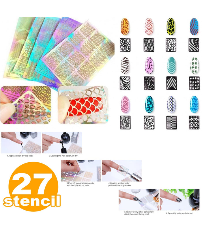 Set 27 Stencil Stampino Disegni Unghie Adesivi Nail Art Manicure Decorazione         