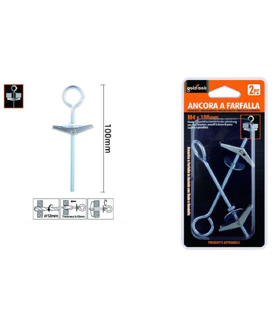 Set 2pz Ancora Farfalla Con Occhiolo Chiuso Acciaio Dado Rondella M4x100mm 57232         