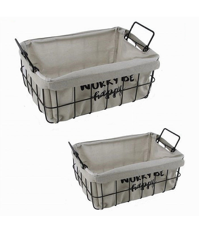 Set 2pz Cestini In Metallo Con Rivestimento In Tessuto Portaoggetti Manici 10631         