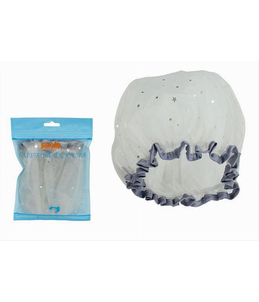 Set 2pz Cuffia Doccia Bagno Elastico Bordino Grigio Stelle Protegge Capelli 79611         