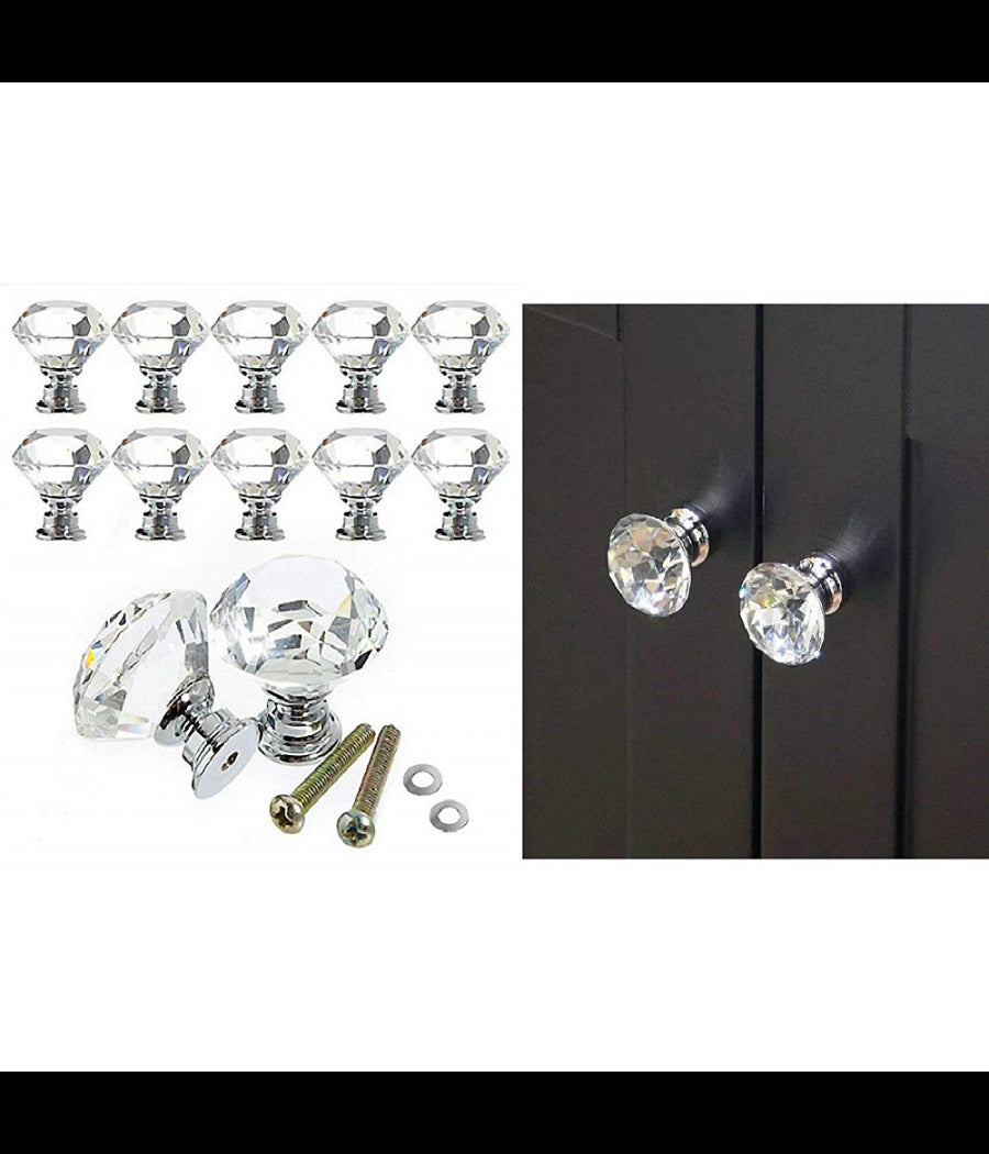 Set 2pz Pomello Cristallo Argento 25x30mm Maniglia Plastica Per Mobili Cassetto Viti         
