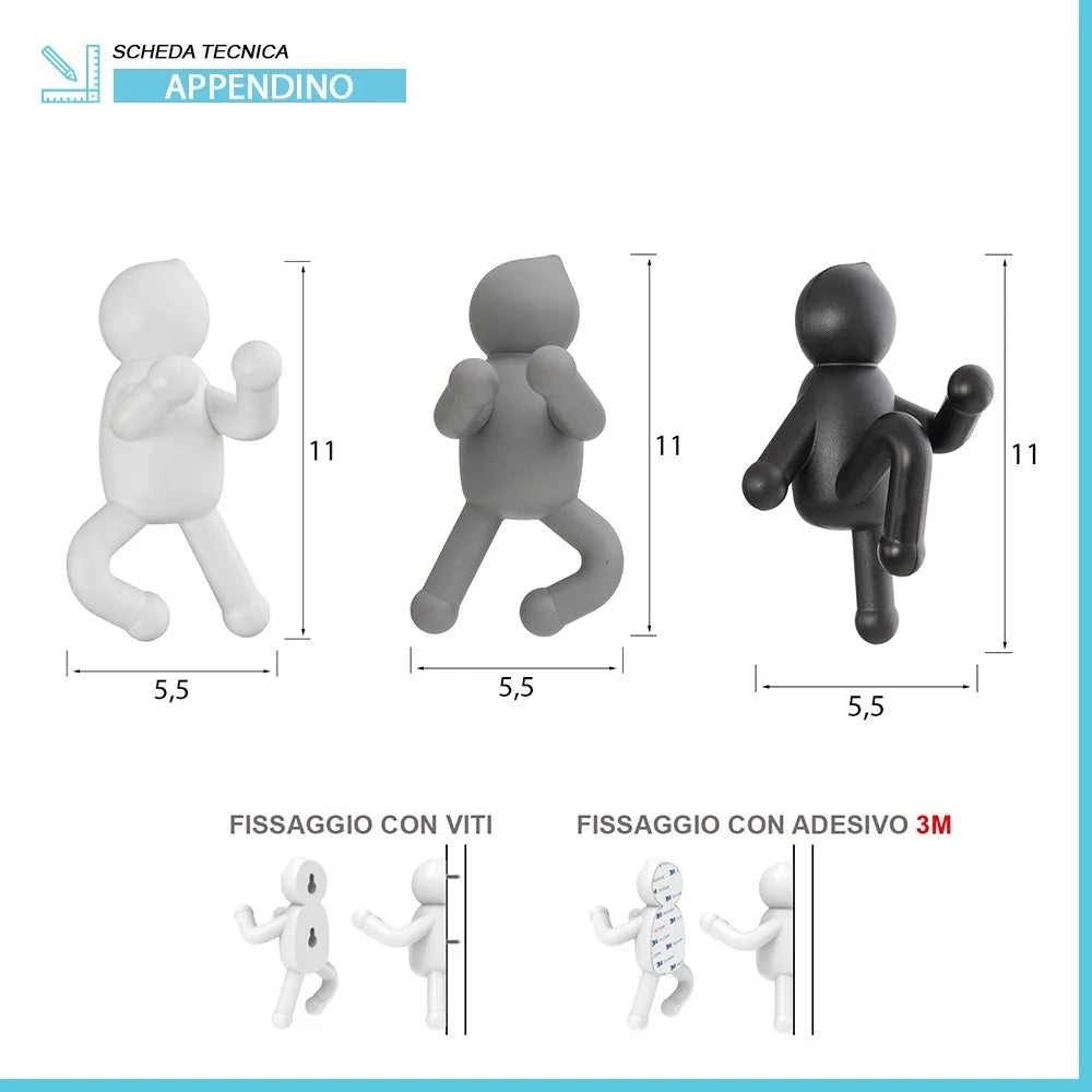 Set 3 appendini da muro bianco grigio e nero fissaggio con viti o adesivo  Bruce