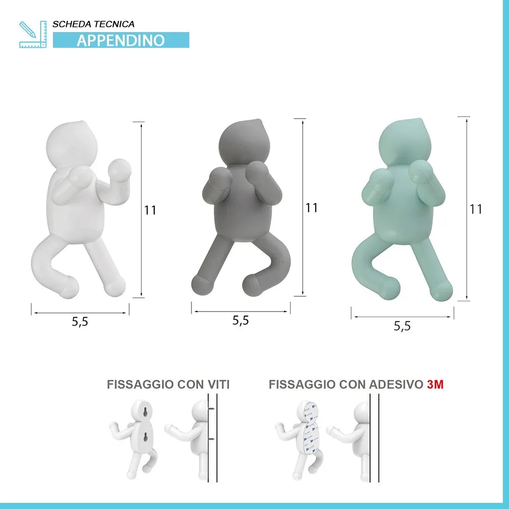 Set 3 appendini da muro bianco grigio e verde fissaggio con viti o adesivo  Bruce