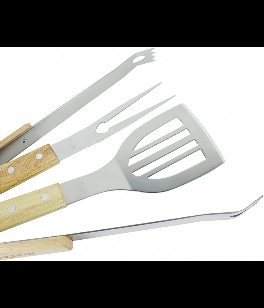 Set 3 Attrezzi Griglia Barbecue Forchettone Pinza Spatola In Acciaio Manico Legno         