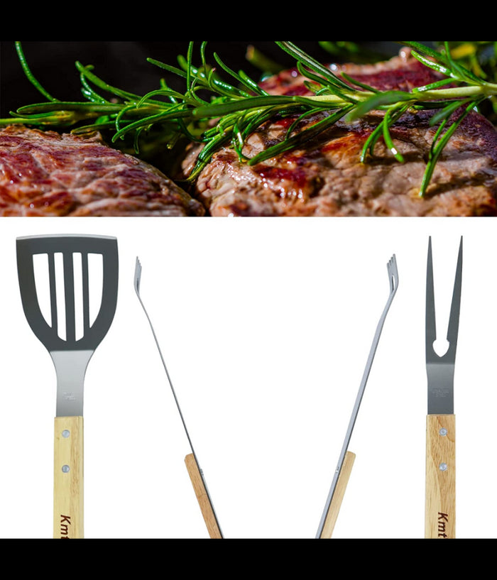 Set 3 Attrezzi Griglia Barbecue Forchettone Pinza Spatola In Acciaio Manico Legno         