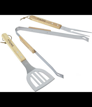 Set 3 Attrezzi Griglia Barbecue Forchettone Pinza Spatola In Acciaio Manico Legno         