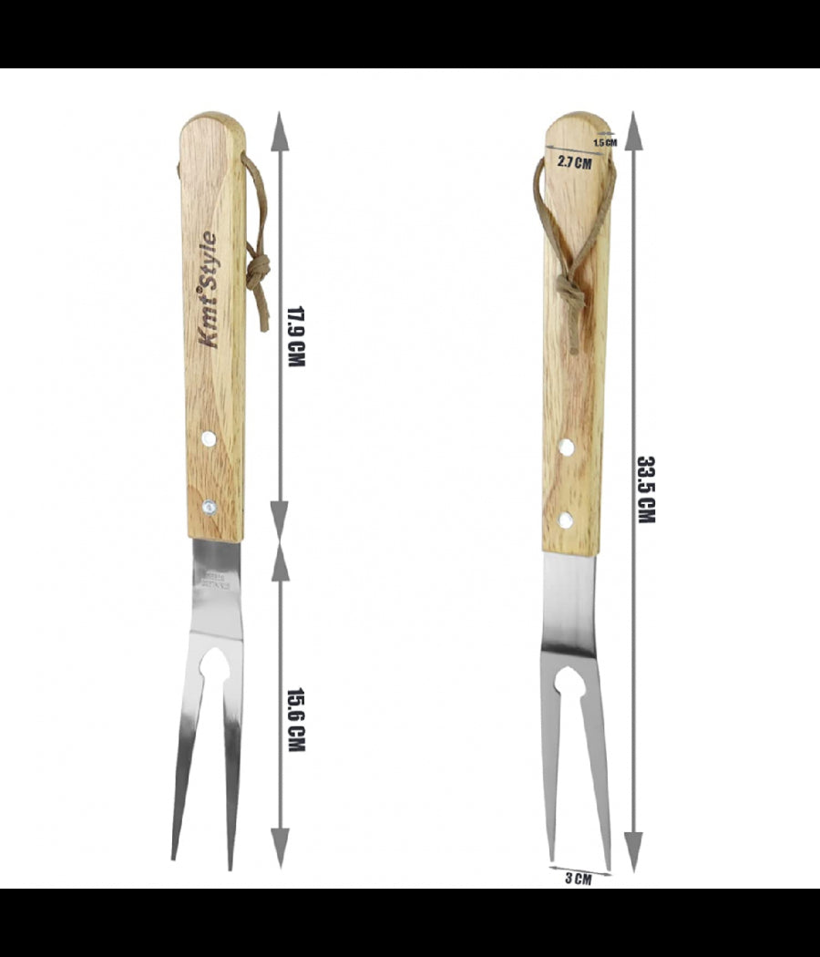 Set 3 Attrezzi Griglia Barbecue Forchettone Pinza Spatola In Acciaio Manico Legno         