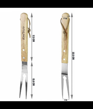 Set 3 Attrezzi Griglia Barbecue Forchettone Pinza Spatola In Acciaio Manico Legno         