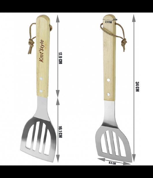 Set 3 Attrezzi Griglia Barbecue Forchettone Pinza Spatola In Acciaio Manico Legno         