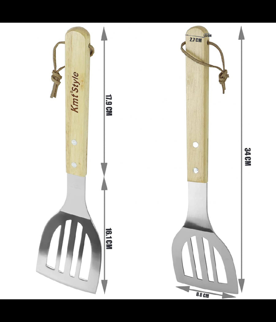 Set 3 Attrezzi Griglia Barbecue Forchettone Pinza Spatola In Acciaio Manico Legno         