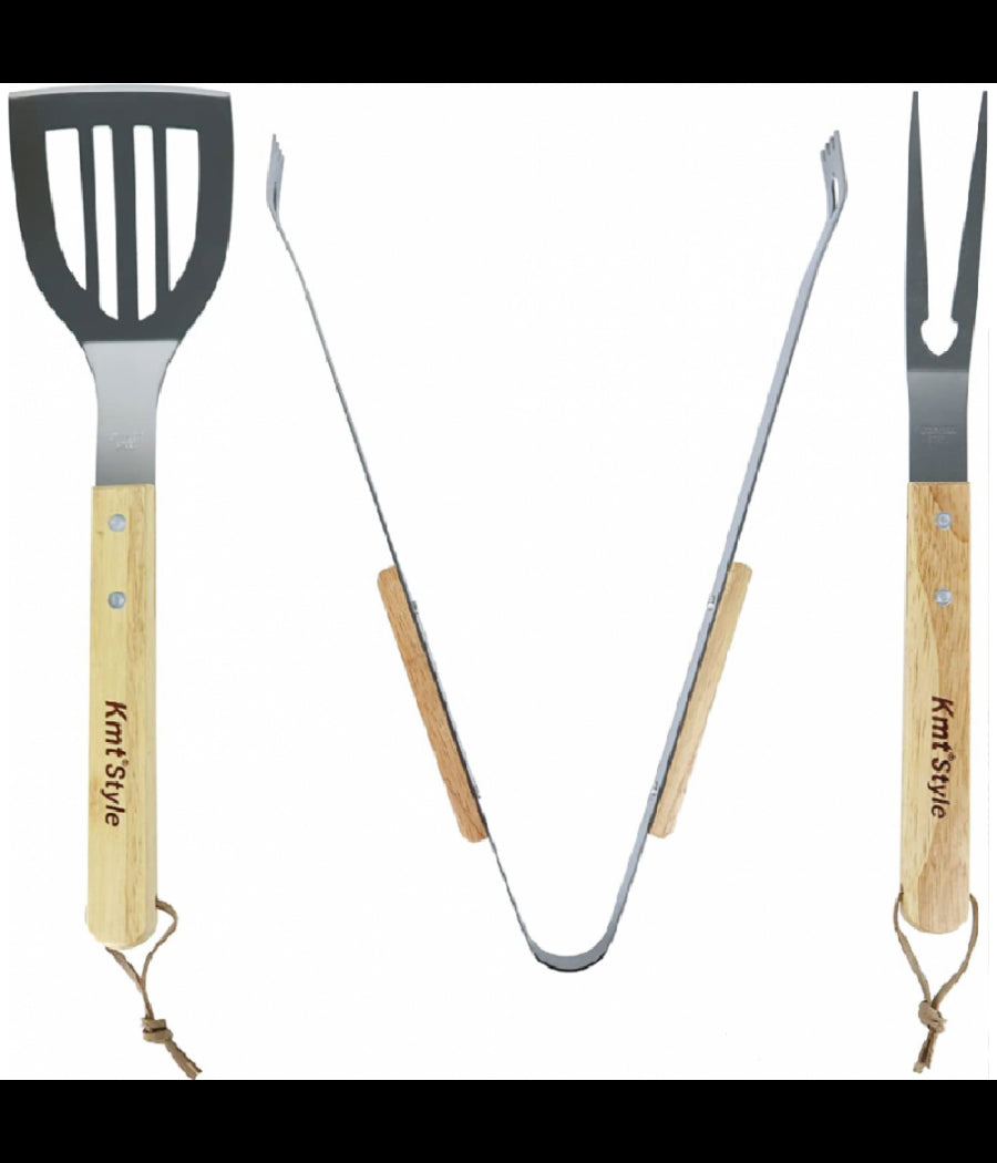 Set 3 Attrezzi Griglia Barbecue Forchettone Pinza Spatola In Acciaio Manico Legno         