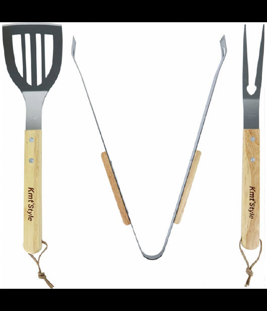 Set 3 Attrezzi Griglia Barbecue Forchettone Pinza Spatola In Acciaio Manico Legno         