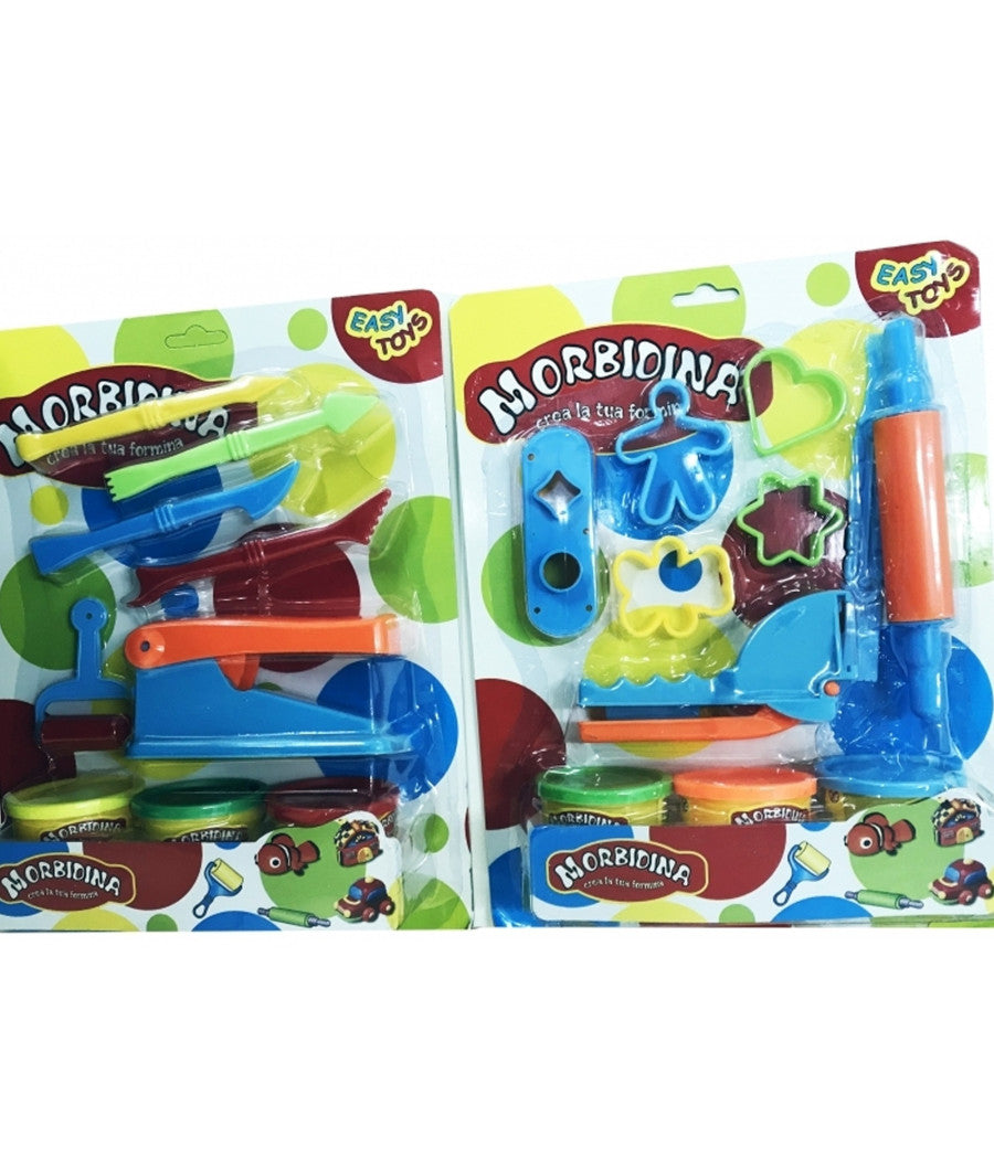 Set 3 Barattoli Pasta Plastilina Strisce Matterello Rullo Coltellino Modellante         