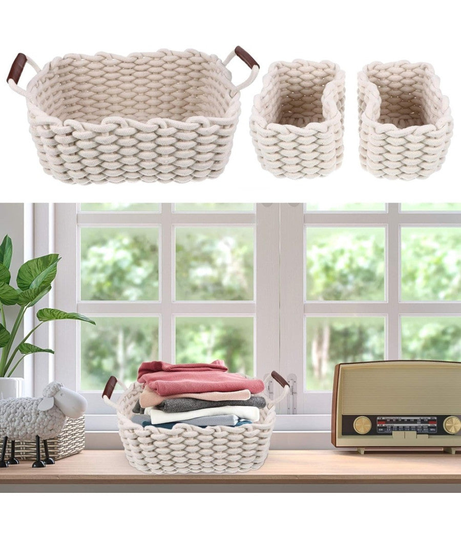 Set 3 Cestini Intrecciati In Corda Cesto Portaoggetti Organizza Decora Casa 10634         