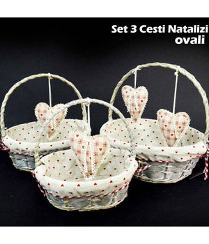 Set 3 Cestini Natalizi Ovali In Vimini E Tessuto Diametro 39/34/29 Cm Grigio         