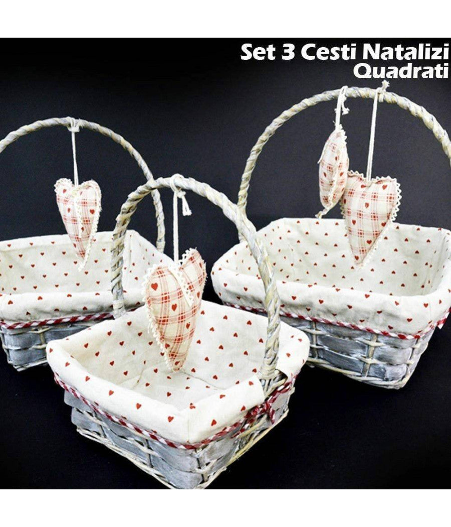 Set 3 Cestini Natalizi Quadrati In Vimini E Tessuto Diametro 38/33/28 Cm Grigio         