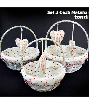 Set 3 Cestini Natalizi Tondi In Vimini E Tessuto Diametro 38/33/28 Cm Grigio         