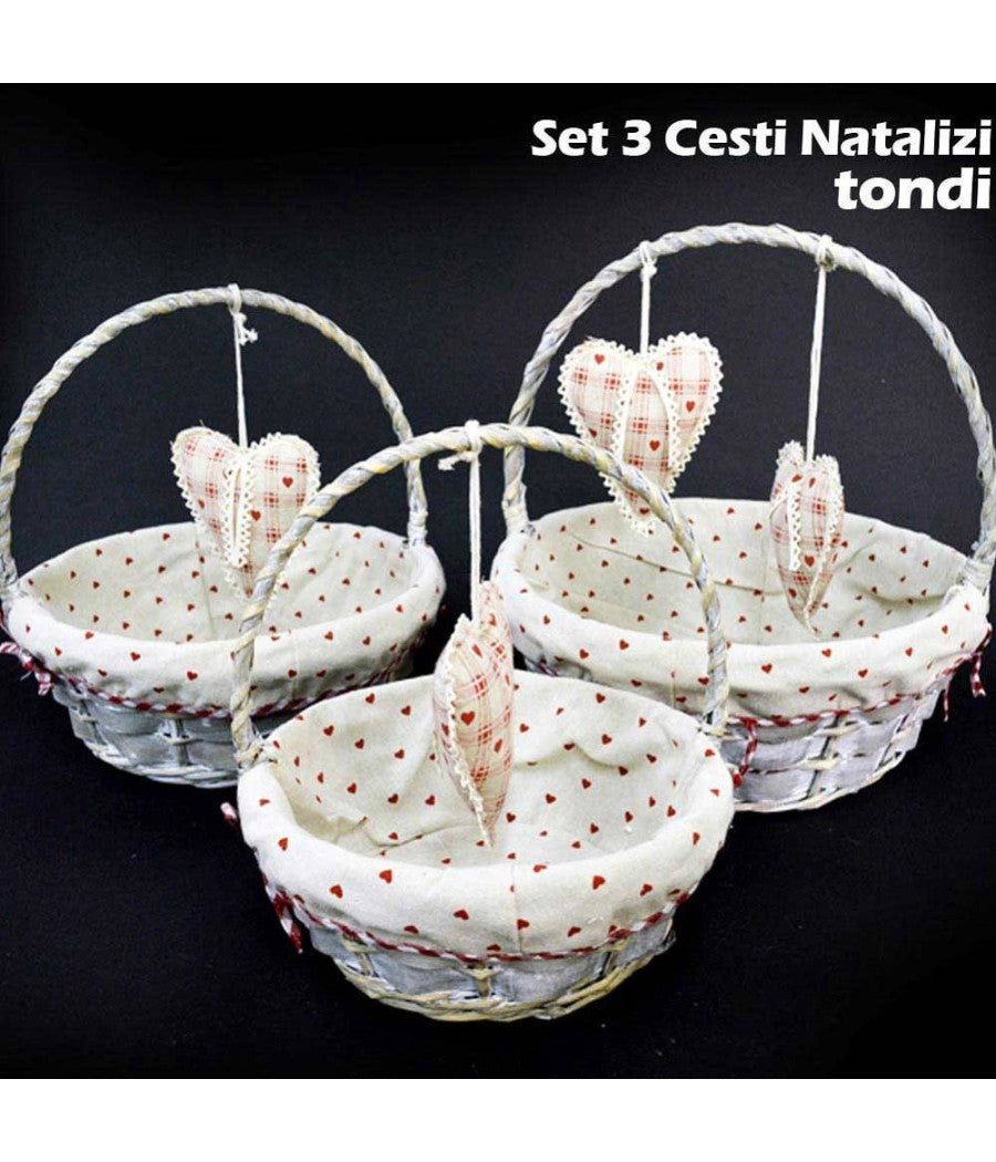 Set 3 Cestini Natalizi Tondi In Vimini E Tessuto Diametro 38/33/28 Cm Grigio         