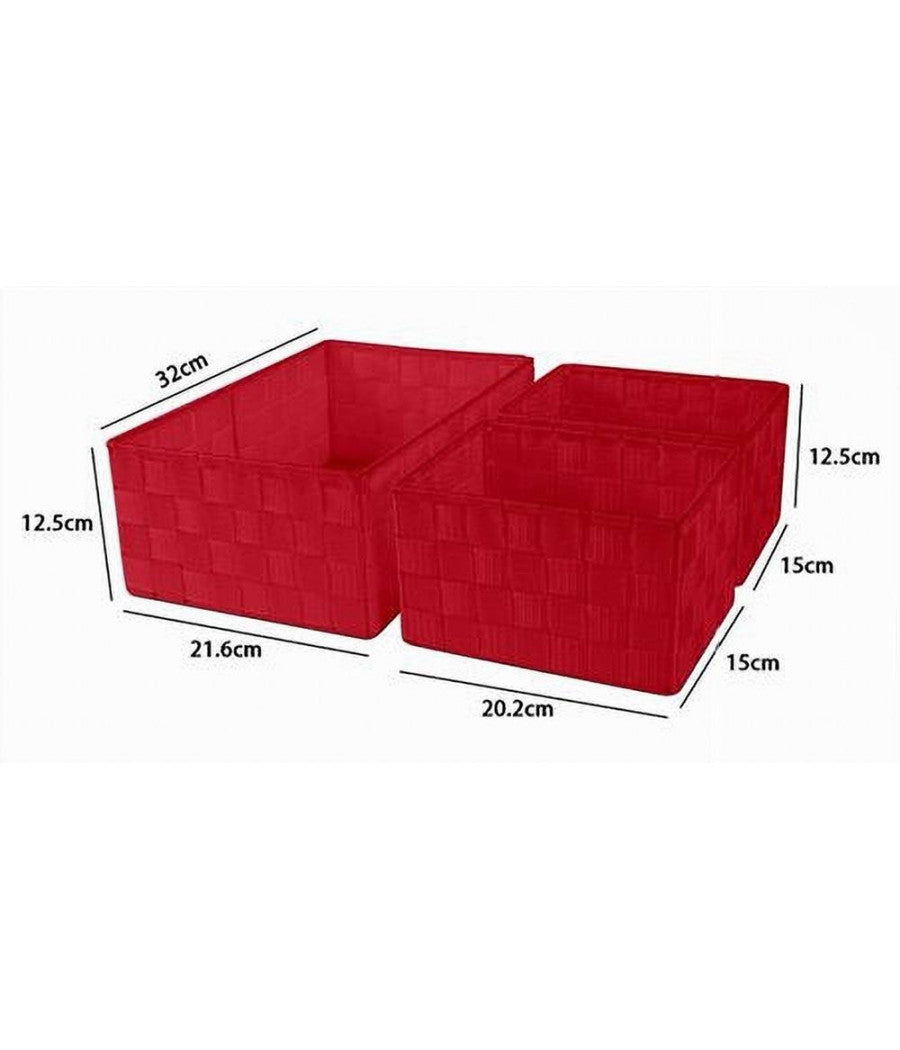 Set 3 Cestini Porta Oggetti Organizer In Tessuto Rettangolari Bagno Rosso 69910         