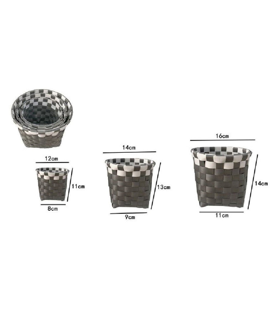 Set 3 Cestini Porta Oggetti Organizer Tessuto Bagno Rotondi Grigio Bianco 59075         