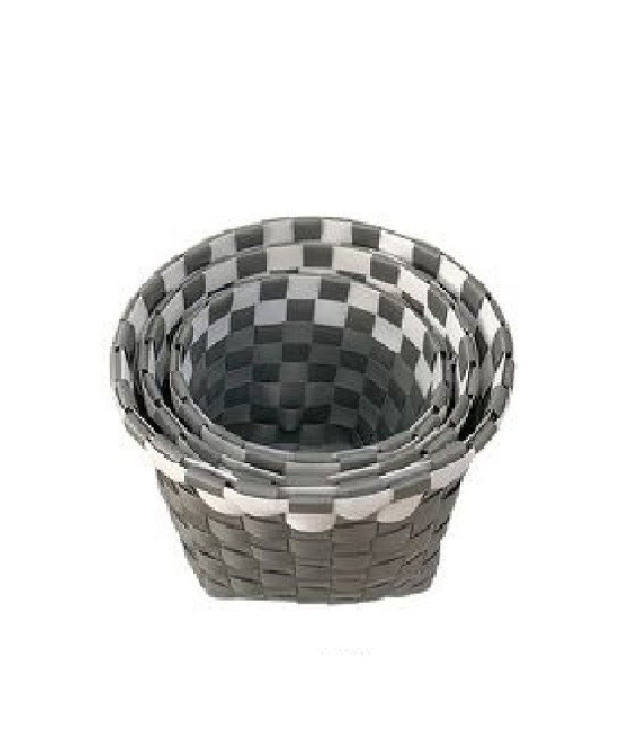 Set 3 Cestini Porta Oggetti Organizer Tessuto Bagno Rotondi Grigio Bianco 59075         