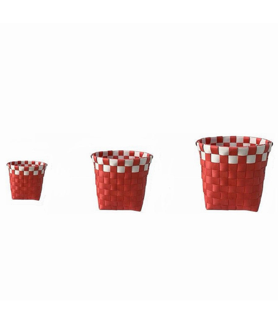 Set 3 Cestini Porta Oggetti Organizer Tessuto Bagno Rotondi Rosso Bianco 59077         