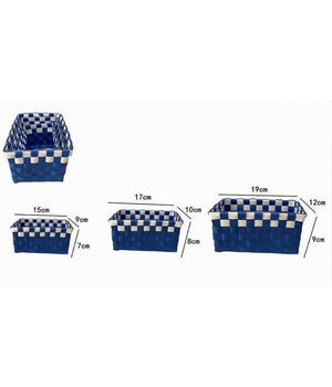 Set 3 Cestini Portaoggetti Organizer Tessuto Bagno Rettangolari Blu Bianco 59082         