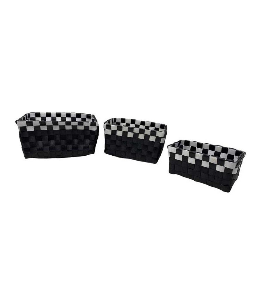 Set 3 Cestini Portaoggetti Organizer Tessuto Bagno Rettangolari Nero Bianco 59079         