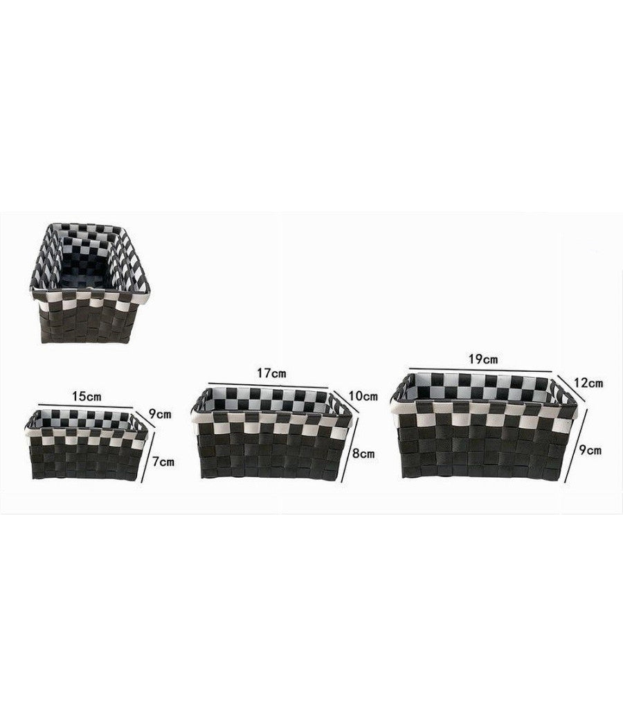 Set 3 Cestini Portaoggetti Organizer Tessuto Bagno Rettangolari Nero Bianco 59079         