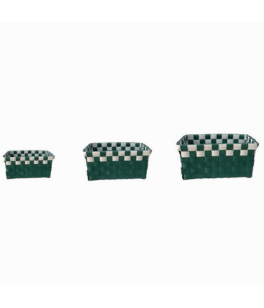 Set 3 Cestini Portaoggetti Organizer Tessuto Bagno Rettangolari Verde Bianco 59084         